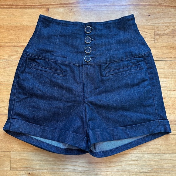 Arden B Pants - Arden B Super High-Waisted Button Front Dark Blue Denim Short Shorts